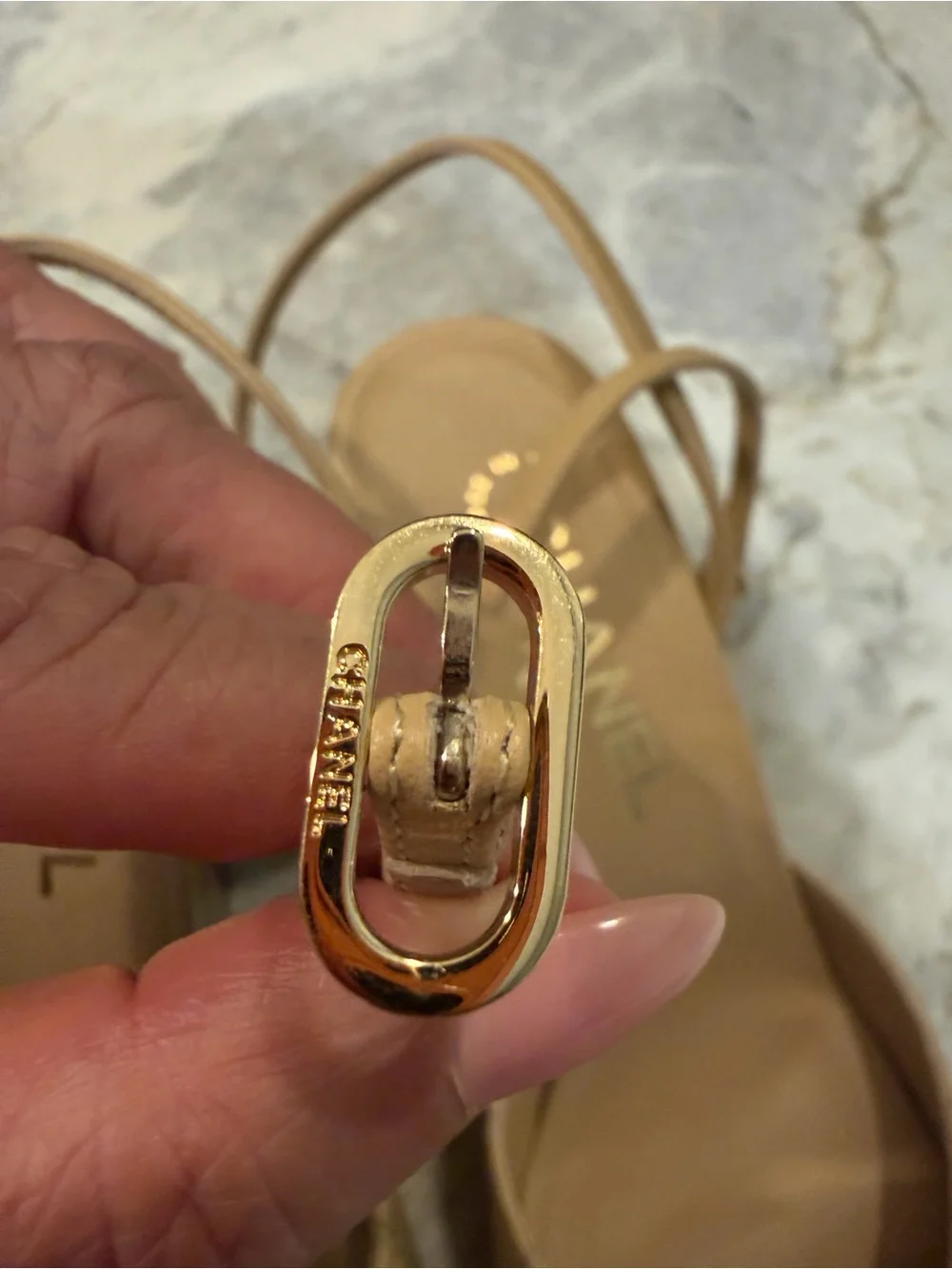 CHANEL Beige Quilted Leather Open-Toe wedge sandal
